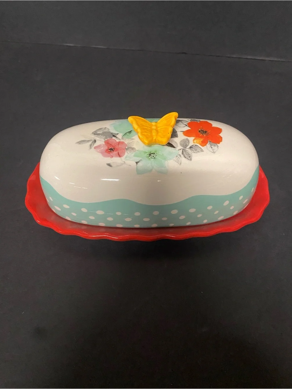 Pioneer WomanCeramic Floral Butter Dish with Yellow Butterfly Handle, retired